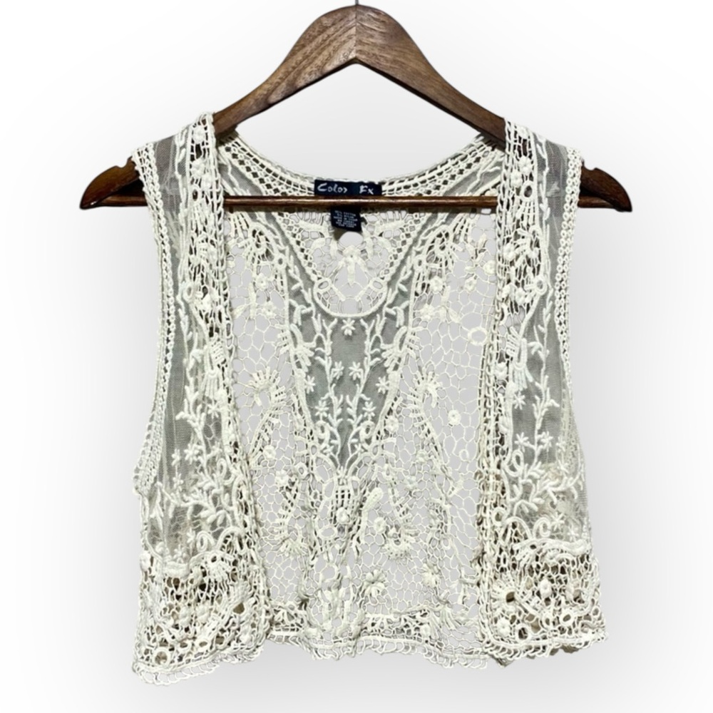 Cream Knit Lace Crochet Vest Boho Layering Piece Size Large